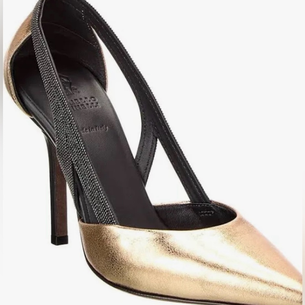 Brunello Cucinelli Women High Heel Gold Metalic Leather Shoe Size 38 1/2  100mm